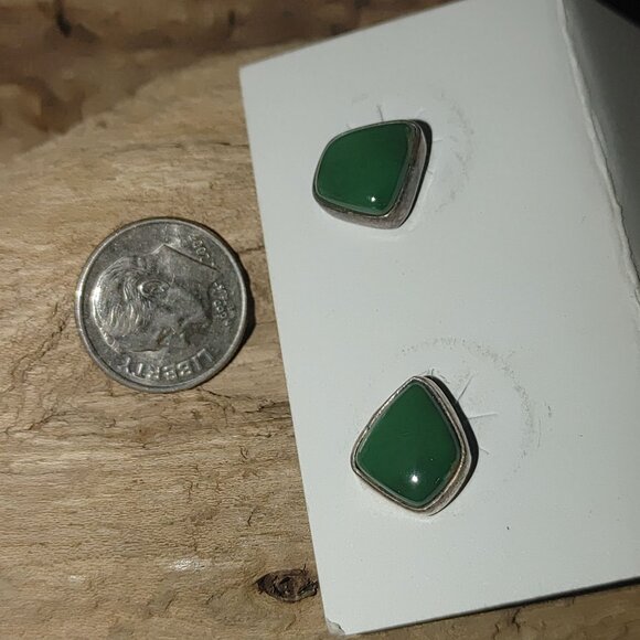 Vintage MR Sterling Silver Stud Earrings Green Onyx Inlay Unique Retro Mexico - Picture 2 of 15